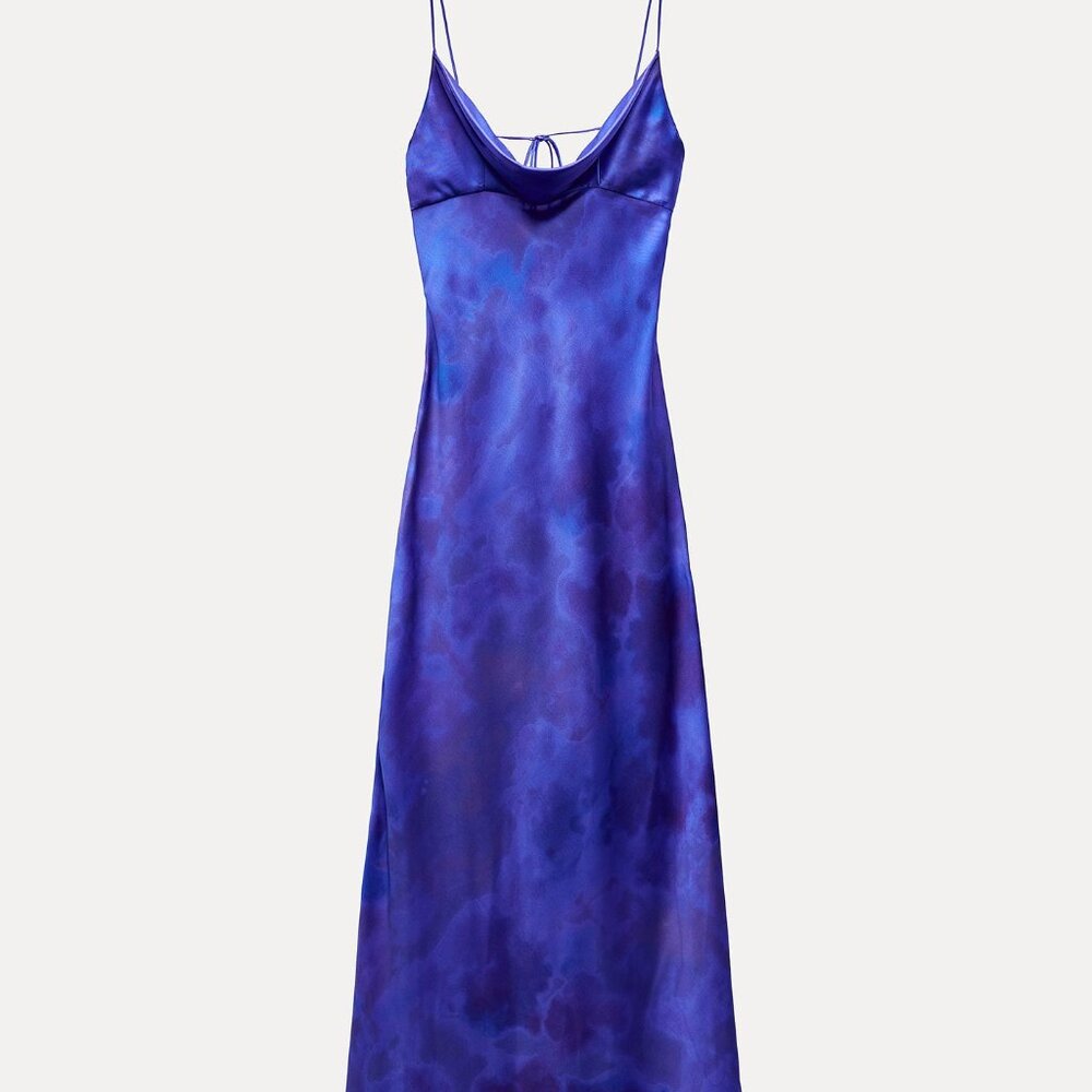BLUE SATIN EFFECT PRINTED MAXI DRESS